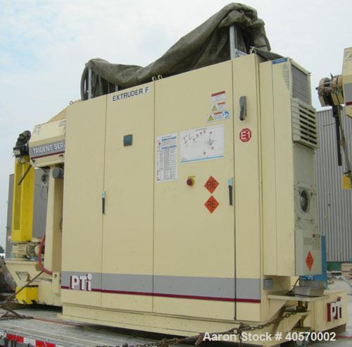 Used PTI 2.5" Trident Series Single Screw Extruder, model 2500. Approximate 32 to 1 L/D ratio. 5 zone electrically heated, air cooled, non-vented barrel. Water cooled feed throat, no hopper. Approxim...