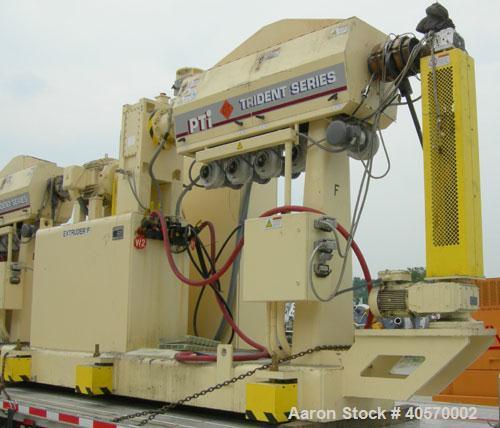 Used PTI 2.5" Trident Series Single Screw Extruder, model 2500. Approximate 32 to 1 L/D ratio. 5 zone electrically heated, air cooled, non-vented barrel. Water cooled feed throat, no hopper. Approxim...