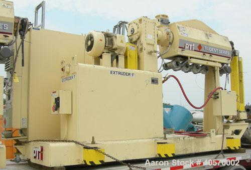 Used PTI 2.5" Trident Series Single Screw Extruder, model 2500. Approximate 32 to 1 L/D ratio. 5 zone electrically heated, air cooled, non-vented barrel. Water cooled feed throat, no hopper. Approxim...