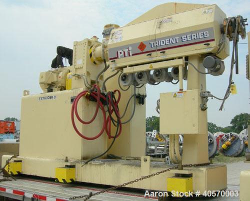 Used PTI 2.5" Trident Series Single Screw Extruder, model 2500. Approximate 32 to 1 L/D ratio. 5 zone electrically heated, air cooled, non-vented barrel. Water cooled feed throat, no hopper. Approxim...