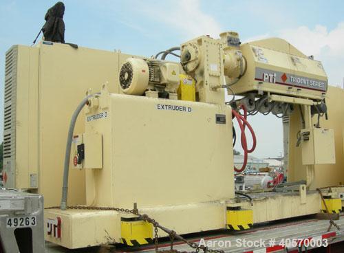 Used PTI 2.5" Trident Series Single Screw Extruder, model 2500. Approximate 32 to 1 L/D ratio. 5 zone electrically heated, air cooled, non-vented barrel. Water cooled feed throat, no hopper. Approxim...