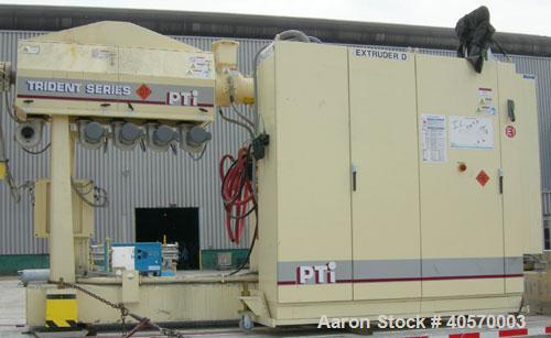 Used PTI 2.5" Trident Series Single Screw Extruder, model 2500. Approximate 32 to 1 L/D ratio. 5 zone electrically heated, air cooled, non-vented barrel. Water cooled feed throat, no hopper. Approxim...