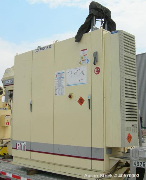 Used PTI 2.5" Trident Series Single Screw Extruder, model 2500. Approximate 32 to 1 L/D ratio. 5 zone electrically heated, air cooled, non-vented barrel. Water cooled feed throat, no hopper. Approxim...