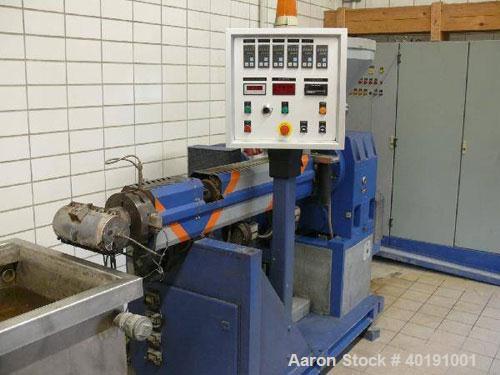 Unused-Used: ESMA 45/30D single screw extruder including degassing. Screw diameter 1.8" (45 mm). Throughput approximately 70 kg/hr PP, 110 kg/hr POM. Includes die head, spare screw, water bath in sta...
