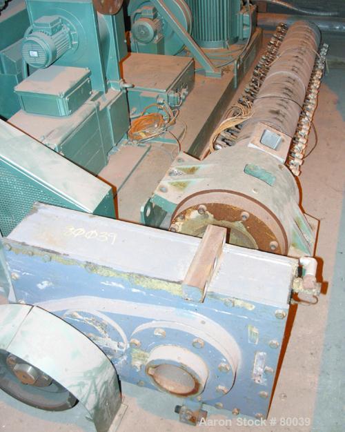 USED:Single screw extruder barrel, 3" diameter, 28:1 L/D, 13 zone,electrically heated, water cooled, 5" x 3.5" water cooled feed throat.Includes reducer with a 13.98:1 ratio.