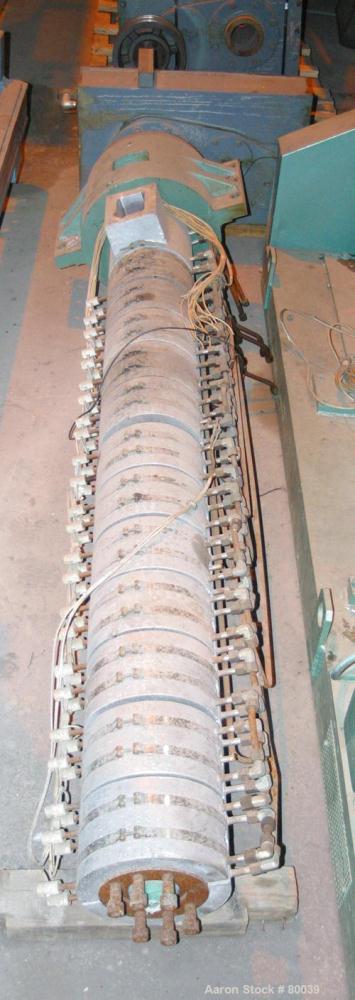 USED:Single screw extruder barrel, 3" diameter, 28:1 L/D, 13 zone,electrically heated, water cooled, 5" x 3.5" water cooled feed throat.Includes reducer with a 13.98:1 ratio.