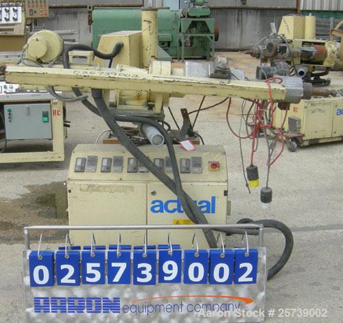 Used Actual .8" pedestal mounted single screw co-extruder, model AE22. Approximately 24 to 1 L/D ratio. Electrically heated, air cooled, 3 zone non-vented barrel. Feed opening, no hopper. Driven by a...