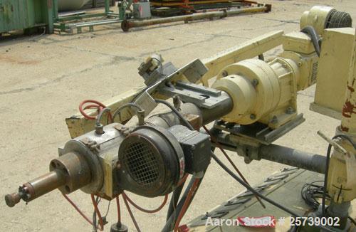 Used Actual .8" pedestal mounted single screw co-extruder, model AE22. Approximately 24 to 1 L/D ratio. Electrically heated, air cooled, 3 zone non-vented barrel. Feed opening, no hopper. Driven by a...