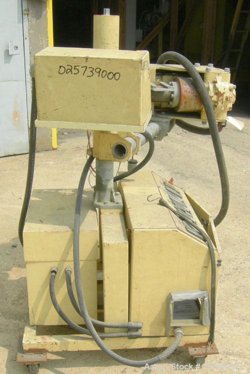 Used Actual 1.18" pedestal mounted single screw co-extruder, model AE30. Approximately 24 to 1 L/D ratio. Electrically heated, air cooled, 3 zone non-vented barrel. Feed opening, no hopper. Driven by...