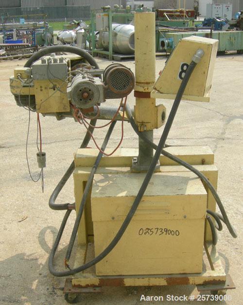 Used Actual 1.18" pedestal mounted single screw co-extruder, model AE30. Approximately 24 to 1 L/D ratio. Electrically heated, air cooled, 3 zone non-vented barrel. Feed opening, no hopper. Driven by...