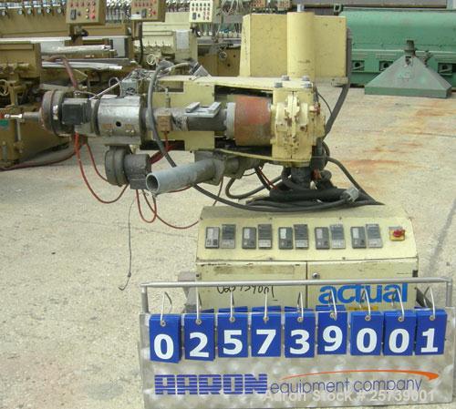 Used Actual 1.18" pedestal mounted single screw co-extruder, model AE30. Approximately 24 to 1 L/D ratio. Electrically heated, air cooled, 3 zone non-vented barrel. Feed opening, no hopper. Driven by...