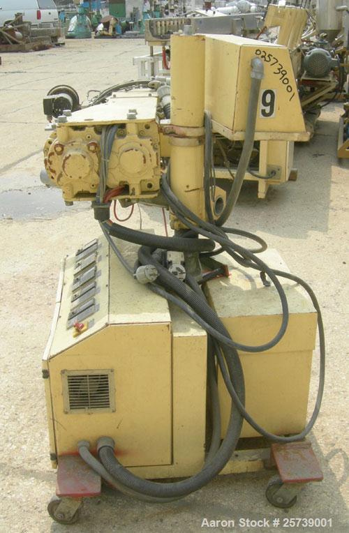 Used Actual 1.18" pedestal mounted single screw co-extruder, model AE30. Approximately 24 to 1 L/D ratio. Electrically heated, air cooled, 3 zone non-vented barrel. Feed opening, no hopper. Driven by...