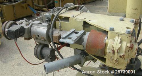 Used Actual 1.18" pedestal mounted single screw co-extruder, model AE30. Approximately 24 to 1 L/D ratio. Electrically heated, air cooled, 3 zone non-vented barrel. Feed opening, no hopper. Driven by...