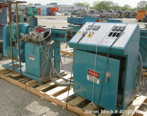 Used Akron 1 3/4" Single Screw Extruder, model M-PAK175, approximately 24 to 1 L/D ratio. Electrically heated, air cooled, 3 zone non-vented barrel. Water cooled feed throat with a lump breaker, no h...