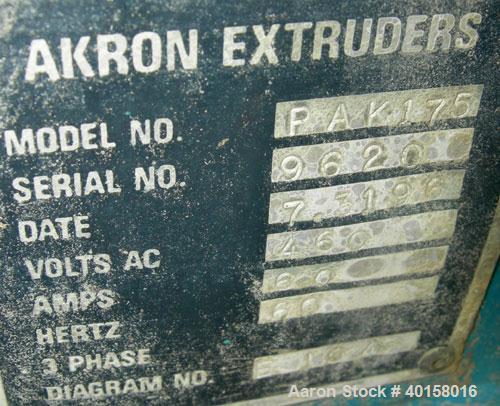Used Akron 1 3/4" Single Screw Extruder, model M-PAK175, approximately 24 to 1 L/D ratio. Electrically heated, air cooled, 3 zone non-vented barrel. Water cooled feed throat with a lump breaker, no h...