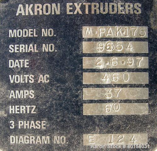 Used- Akron 1 3/4" single screw extruder, model M-PAK175, approximately 24 to 1 L/D ratio. Electrically heated, air cooled 3...