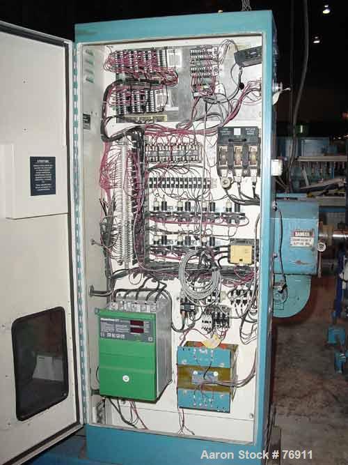 Used Akron 2-1/2" Single Screw Extruder, Model PAK2500. 24:1 L/D ratio. Electrically heated, air cooled barrel, water cooled feed throat (no hopper). Driven by a 40 hp DC motor thru a Koellmann gearb...