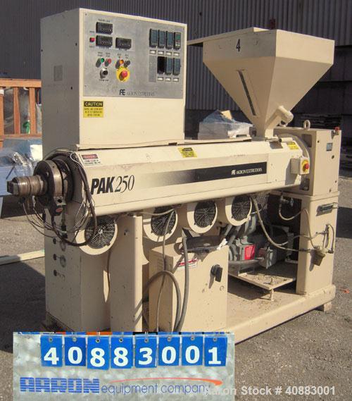 Used Akron 2 1/2" Single Screw Extruder, Model PAK250, approximately 24 to 1 L/D ratio. Electrically heated, air cooled 4 zone non-vented barrel. Water cooled feed throat, with hopper. Approximately ...