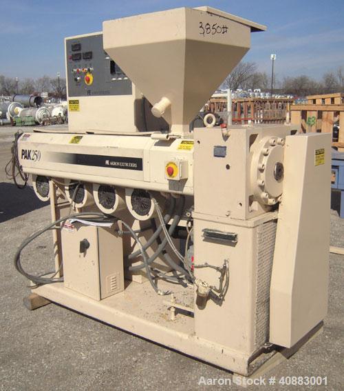 Used Akron 2 1/2" Single Screw Extruder, Model PAK250, approximately 24 to 1 L/D ratio. Electrically heated, air cooled 4 zone non-vented barrel. Water cooled feed throat, with hopper. Approximately ...