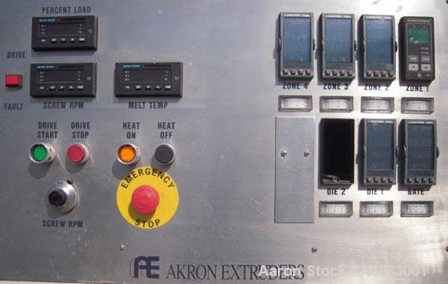 Used Akron 2 1/2" Single Screw Extruder, Model PAK250, approximately 24 to 1 L/D ratio. Electrically heated, air cooled 4 zone non-vented barrel. Water cooled feed throat, with hopper. Approximately ...