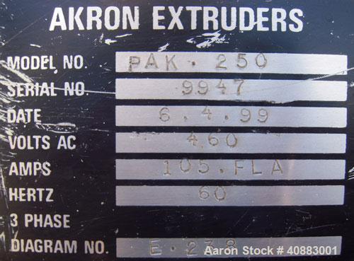 Used Akron 2 1/2" Single Screw Extruder, Model PAK250, approximately 24 to 1 L/D ratio. Electrically heated, air cooled 4 zone non-vented barrel. Water cooled feed throat, with hopper. Approximately ...