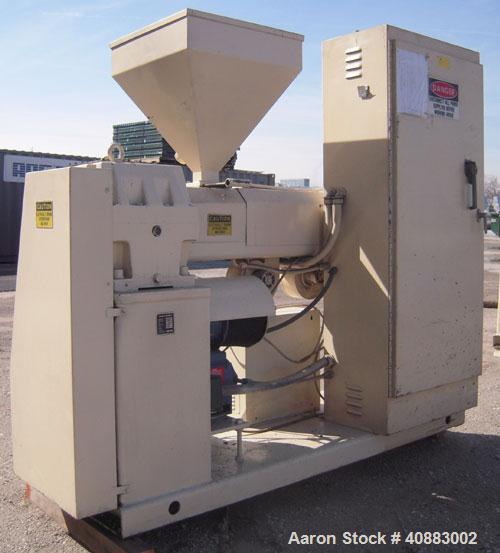 Used Akron 2 1/2" Single Screw Extruder, Model PAK250, approximately 24 to 1 L/D ratio. Electrically heated, air cooled 4 zone non-vented barrel. Water cooled feed throat, with hopper. Approximately ...
