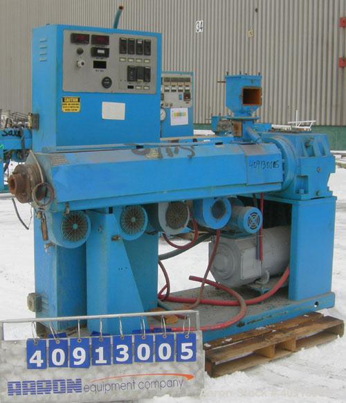 Used Akron 2 1/2" Single Screw Extruder Model PAK 250. Approximate 24:1 L/D ratio. Electrically heated, air cooled 4 zone non-vented barrel. Water cooled feed throat, no hopper. Driven by a 40 hp, 50...