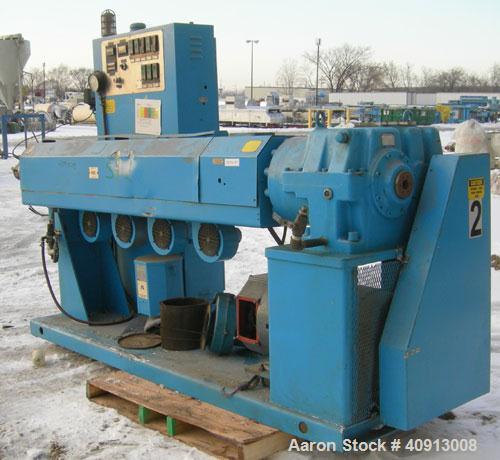 Used Akron 3 1/2" Single Screw Extruder, model PAK350. Approximate 24:1 L/D ratio.  Electrically heated, air cooled 5 zone non-vented barrel. Water cooled feed throat, no hopper. Driven by a 75 hp, 3...