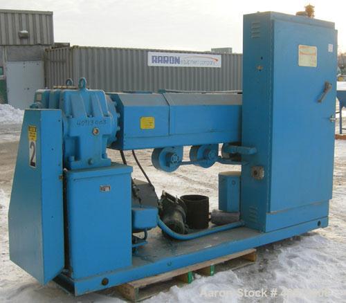 Used Akron 3 1/2" Single Screw Extruder, model PAK350. Approximate 24:1 L/D ratio.  Electrically heated, air cooled 5 zone non-vented barrel. Water cooled feed throat, no hopper. Driven by a 75 hp, 3...