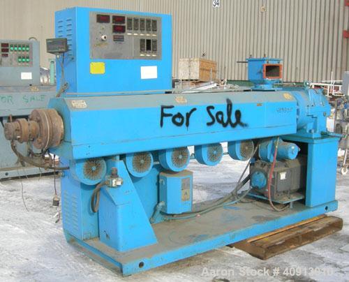 Used Akron 3 1/2" Single Screw Extruder, model PAK350, approximate 24:1 L/D ratio. Electrically heated, air cooled 5 zone non-vented barrel. Water cooled feed throat, no hopper. Driven by a 75 hp, 30...