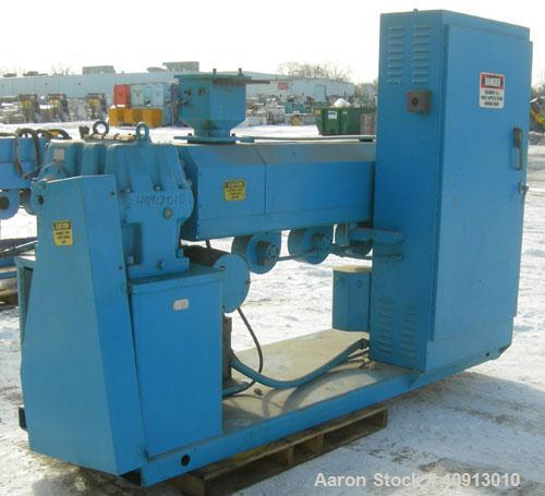 Used Akron 3 1/2" Single Screw Extruder, model PAK350, approximate 24:1 L/D ratio. Electrically heated, air cooled 5 zone non-vented barrel. Water cooled feed throat, no hopper. Driven by a 75 hp, 30...