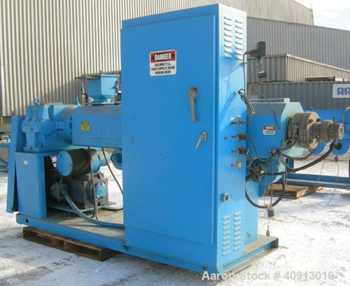 Used Akron 3 1/2" Single Screw Extruder, model PAK350, approximate 24:1 L/D ratio. Electrically heated, air cooled 5 zone non-vented barrel. Water cooled feed throat, no hopper. Driven by a 75 hp, 30...