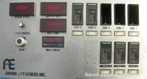 Used Akron 3 1/2" Single Screw Extruder, model PAK350. Approximate 24:1 L/D ratio. Electrically heated, air cooled 5 zone air non-vented barrel. Water cooled feed throat with magnet, no hopper. Drive...