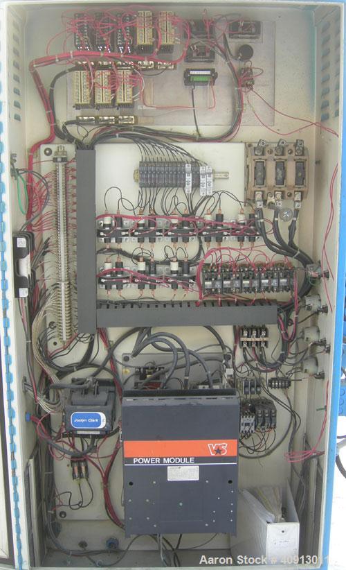 Used Akron 3 1/2" Single Screw Extruder, model PAK350. Approximate 24:1 L/D ratio. Electrically heated, air cooled 5 zone air non-vented barrel. Water cooled feed throat with magnet, no hopper. Drive...
