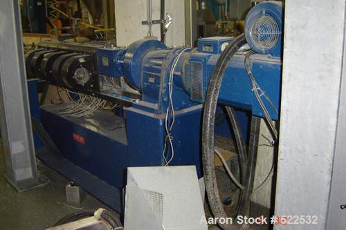 USED: Axon single screw extruder, type BX45-PSE. Material of construction is carbon steel, 30:1 L/D. 45 mm diameter. Electrically heated, air cooled 5 zones. Barrel. 10 Hole die head. Max screw speed...