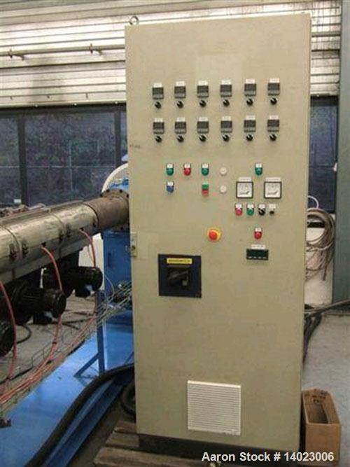 Used Battenfeld 1-75-30B single screw extruder, screw diameter 2.95" (75 mm), L/D 30, capacity 440 lbs/h (200 kg/h), 89 HP/67 kW DC drive, 50 Hz.  Overhauled with new control panel.