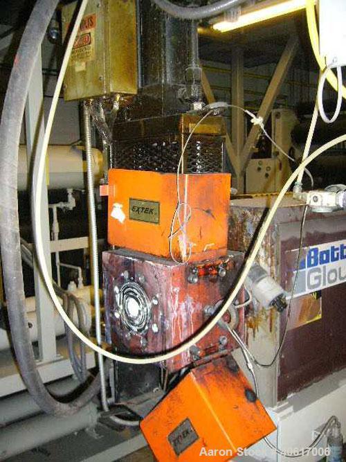 Used Battenfeld Gloucester 3.5" Single Screw Extruder, Model 35250. Approximate 30 to 1 L/D ratio, electrically heated, water cooled barrel with closed loop cooling system. Driven by an approximate 1...