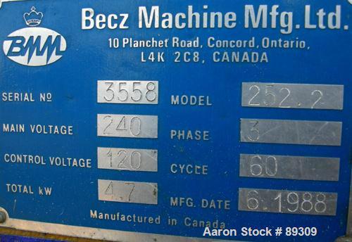 Used Becz Machine 1.25" Pedestal Mounted Single Screw Extruder, Model 252. Approximate 12:1 L/D ratio. Electrically heated, air cooled 2 zone non-vented barrel. Water cooled feed throat with hopper. ...