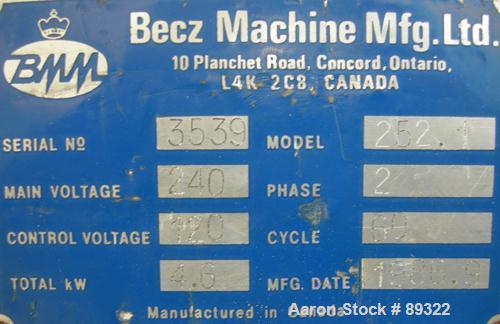 Used Becz Machine 1.25" Pedestal Mounted Single Screw Extruder, Model 252.25. Approximate 12:1 L/D ratio. Electrically heated, air cooled single zone non-vented barrel. Water cooled feed throat with ...