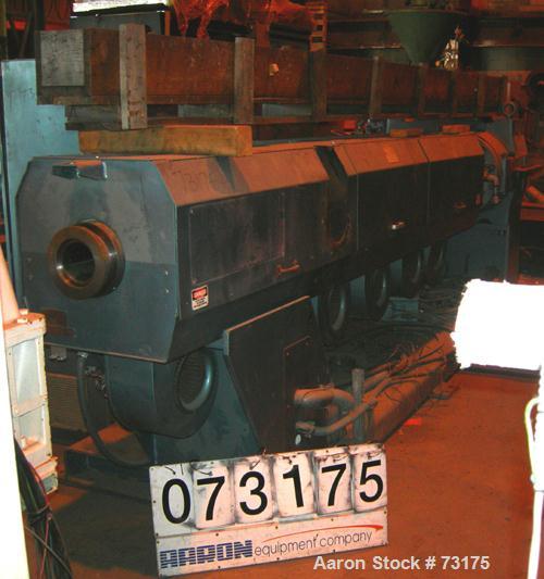 Used Berlyn 4.5" Single Screw Extruder, Model 4.5". 30:1 L/D 6 zone electrically heated, water cooled. 4-1/2" diameter water cooled feed throat, 5" diameter side vent, 94" from feed, 44" center line,...