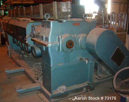 Used Berlyn 4.5" Single Screw Extruder, Model 4.5". 30:1 L/D 6 zone electrically heated, water cooled. 4-1/2" diameter water cooled feed throat, 5" diameter side vent, 94" from feed, 44" center line,...