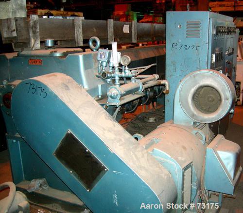 Used Berlyn 4.5" Single Screw Extruder, Model 4.5". 30:1 L/D 6 zone electrically heated, water cooled. 4-1/2" diameter water cooled feed throat, 5" diameter side vent, 94" from feed, 44" center line,...