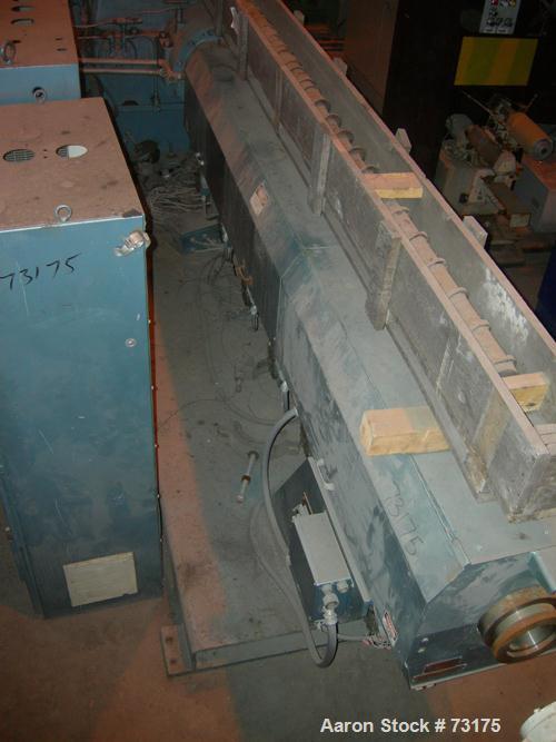 Used Berlyn 4.5" Single Screw Extruder, Model 4.5". 30:1 L/D 6 zone electrically heated, water cooled. 4-1/2" diameter water cooled feed throat, 5" diameter side vent, 94" from feed, 44" center line,...