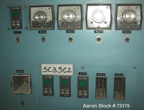Used Berlyn 4.5" Single Screw Extruder, Model 4.5". 30:1 L/D 6 zone electrically heated, water cooled. 4-1/2" diameter water cooled feed throat, 5" diameter side vent, 94" from feed, 44" center line,...