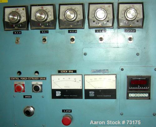 Used Berlyn 4.5" Single Screw Extruder, Model 4.5". 30:1 L/D 6 zone electrically heated, water cooled. 4-1/2" diameter water cooled feed throat, 5" diameter side vent, 94" from feed, 44" center line,...