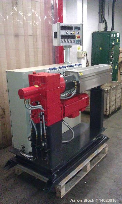 Used BMHT4525 Boston Mathews Single Screw Extruder, 1.7" (45mm), L/D 25:1, main motor 24HP (18 kW), control cabinet, Eurotherm Flux Vector drive, nitrided general purpose screw, rupture disc in flang...