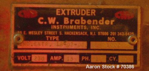 Used Brabender Instrumentss Single Screw Extruder, 3/4", Type 16-02-000. 16:1 L/D ratio, electrically heated, air cooled, 1/60/230 Volt, 15 Amp. Includes Dynisco controls. Requires screw.