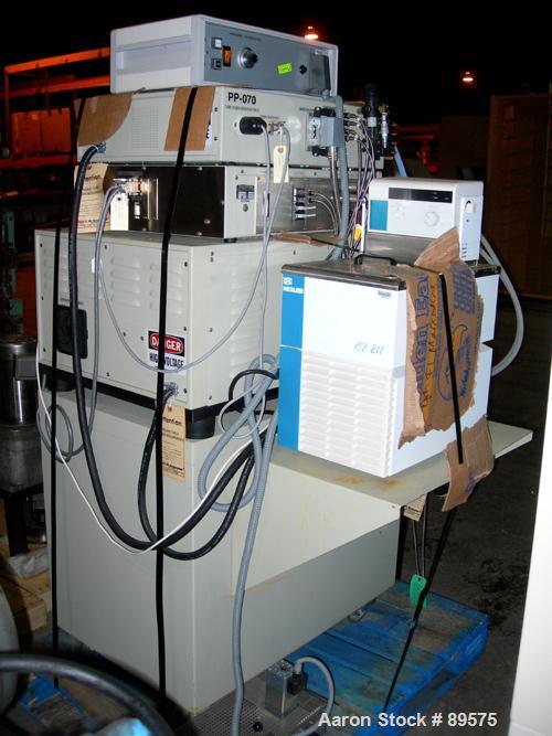 USED: Brabender lab size extrusion system consisting of: (1) Brabender 3/4" single screw extruder, model 2003. Approximate 20:1 L/D ratio, electrically heated, air cooled barrel. (1) Brabender model ...