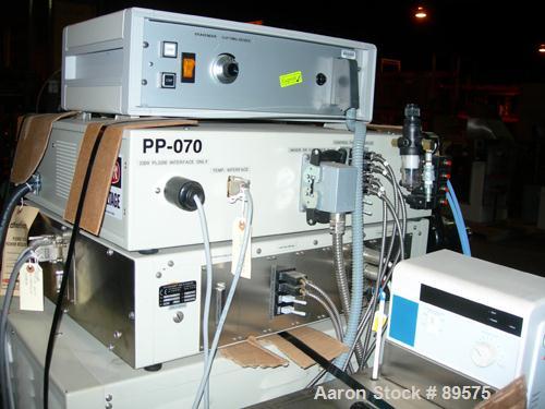 USED: Brabender lab size extrusion system consisting of: (1) Brabender 3/4" single screw extruder, model 2003. Approximate 20:1 L/D ratio, electrically heated, air cooled barrel. (1) Brabender model ...