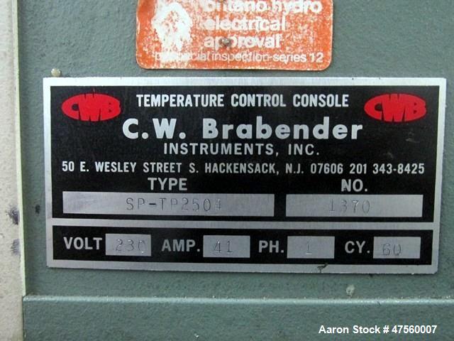 Used Brabender Laboratory Extruder, Type SP-TP250. Electrically heated, water cooled barrel. .75" dia serial 1370Driven by a 3hp DC motor with controller. Includes temperature controllers. Serial# 13...